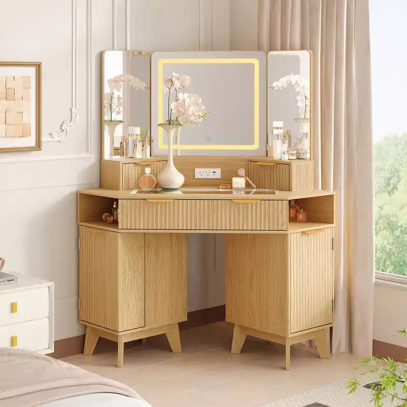 48 Fluted Makeup Vanity, Corner Vanity Desk with 3 Mirrors, Tempered Glass Top, 3 Drawers, 2 Cabinets & 2 Shelf Rack for Bedroom, Dressing Room