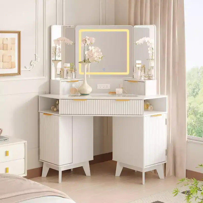 48 Fluted Makeup Vanity, Corner Vanity Desk with 3 Mirrors, Tempered Glass Top, 3 Drawers, 2 Cabinets & 2 Shelf Rack for Bedroom, Dressing Room