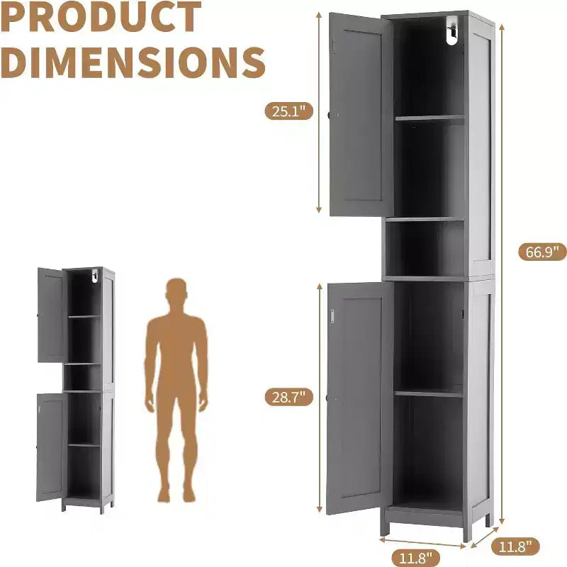 Tall Narrow Bathroom Storage Cabinet, 66.9 Inch Freestanding Adjustable Shelf Organizer, Water Resistant Design for Kitchen, Hallway, Bathroom