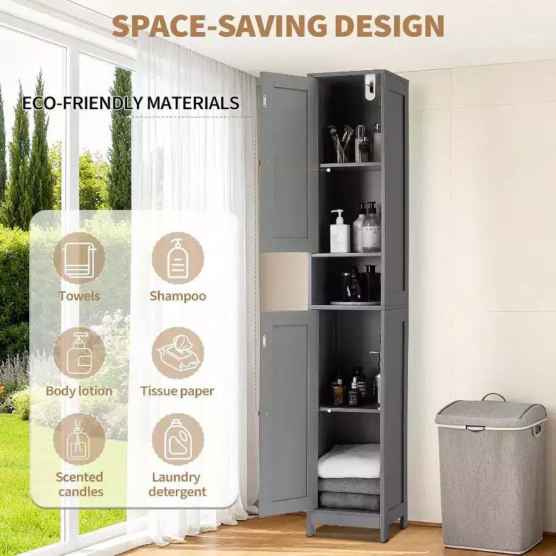 Tall Narrow Bathroom Storage Cabinet, 66.9 Inch Freestanding Adjustable Shelf Organizer, Water Resistant Design for Kitchen, Hallway, Bathroom