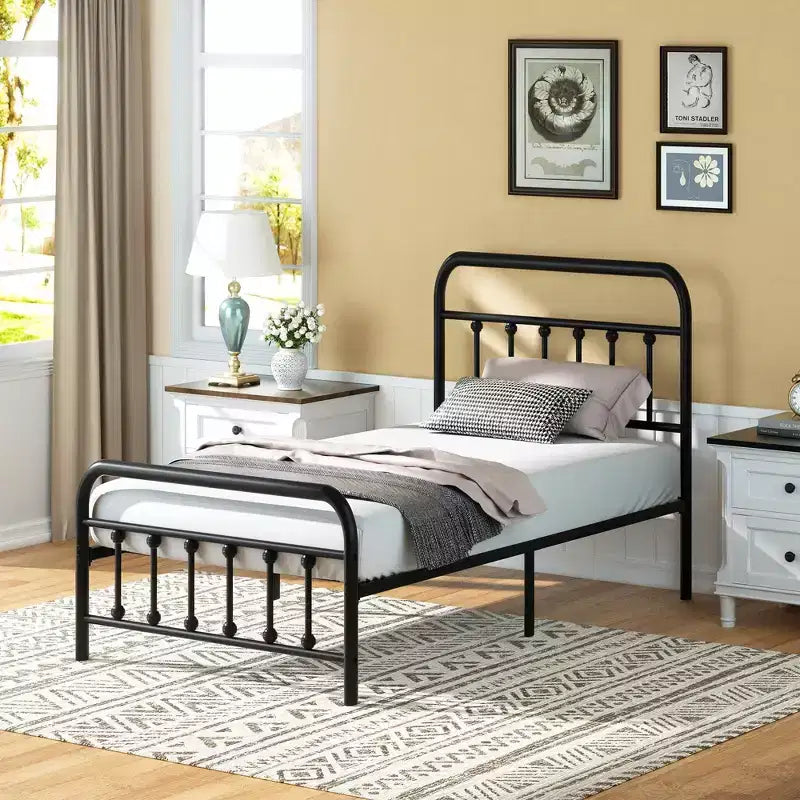 Cadre de lit plateforme double en métal avec tête et pied de lit, sommier à lattes en acier, rangement sous le lit, pas besoin de sommier tapissier, noir