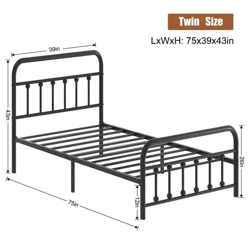 Cadre de lit plateforme double en métal avec tête et pied de lit, sommier à lattes en acier, rangement sous le lit, pas besoin de sommier tapissier, noir
