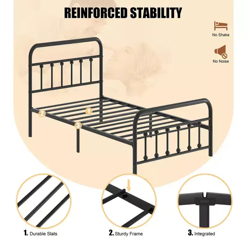 Twin Size Metal Platform Bed Frame with Headboard & Footboard, Steel Slat Mattress Foundation, Under Bed Storage, No Box Spring Needed, Black