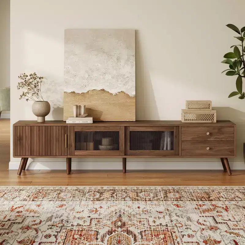 76" Modern Minimal Glass-Doors TV Stand with Storage Cabinets for Living Room/Bedroom