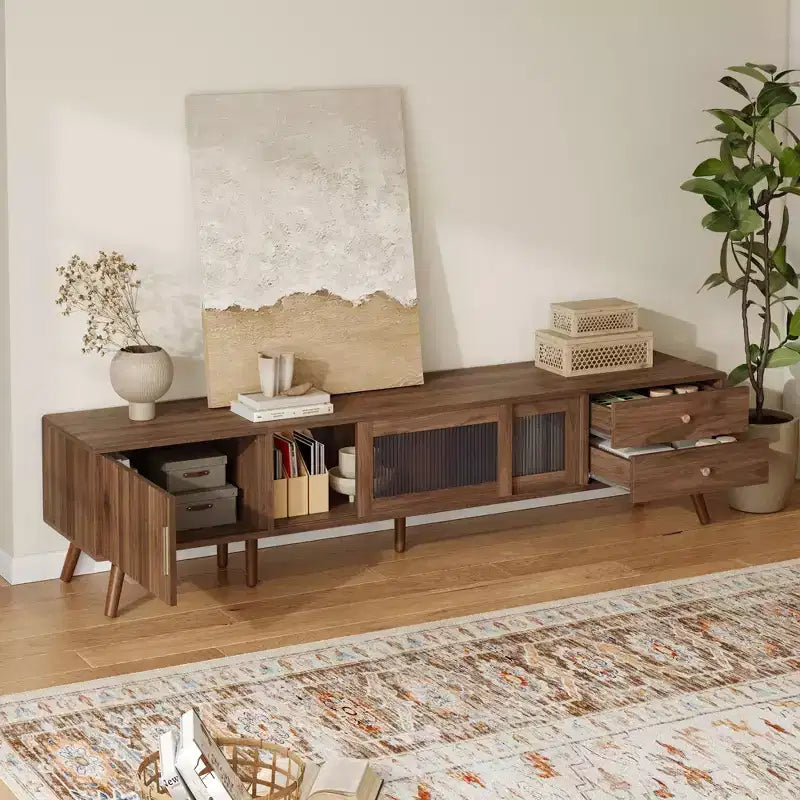 76" Modern Minimal Glass-Doors TV Stand with Storage Cabinets for Living Room/Bedroom