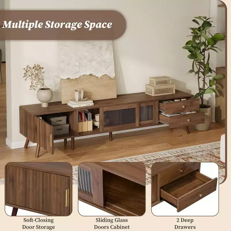 76" Modern Minimal Glass-Doors TV Stand with Storage Cabinets for Living Room/Bedroom
