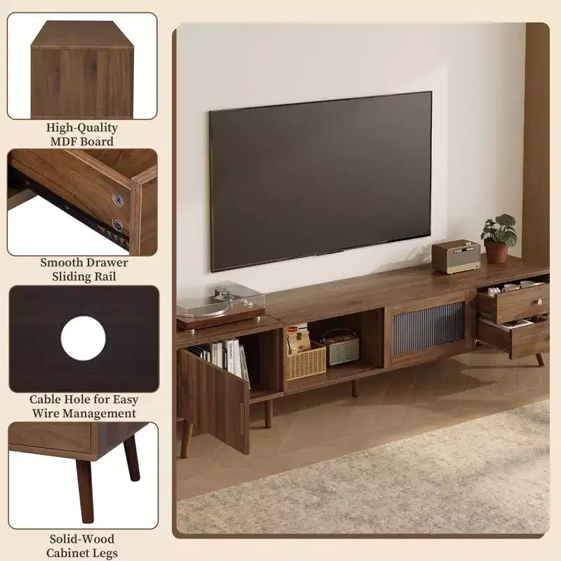 76" Modern Minimal Glass-Doors TV Stand with Storage Cabinets for Living Room/Bedroom