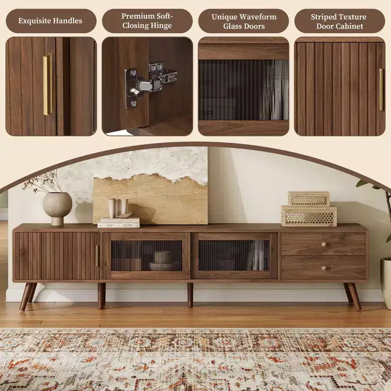 76" Modern Minimal Glass-Doors TV Stand with Storage Cabinets for Living Room/Bedroom
