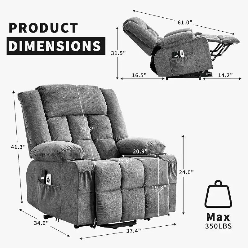Lift Assist Recliner Chair, Massage, Cup Holders, Storage Pockets, for Living Room