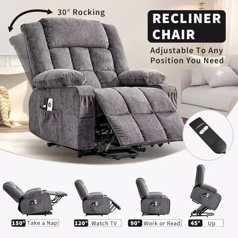 Lift Assist Recliner Chair, Massage, Cup Holders, Storage Pockets, for Living Room