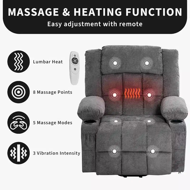Lift Assist Recliner Chair, Massage, Cup Holders, Storage Pockets, for Living Room