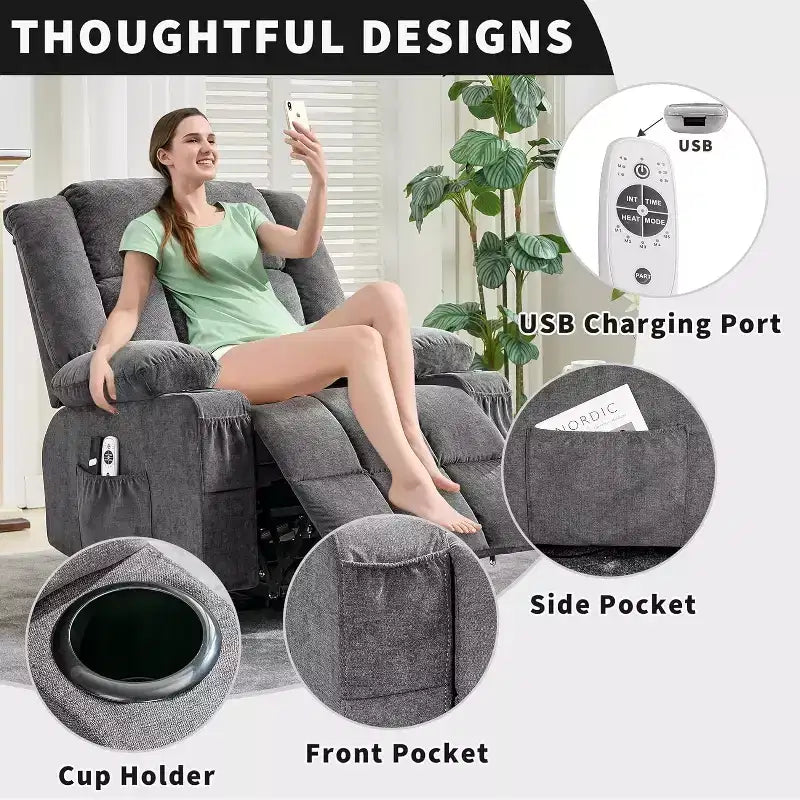 Lift Assist Recliner Chair, Massage, Cup Holders, Storage Pockets, for Living Room