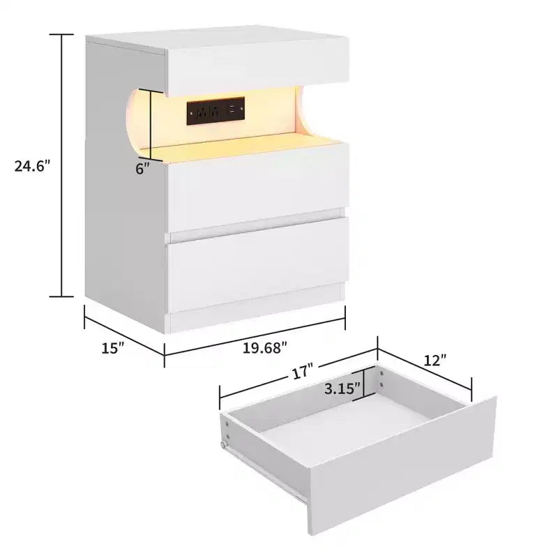White Smart Nightstand C App-Controlled LED Lights & Charging Station with 3 Drawers for Bedroom