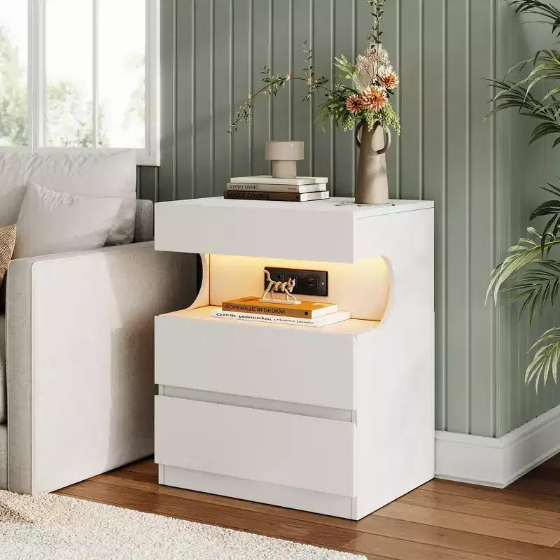 White Smart Nightstand C App-Controlled LED Lights & Charging Station with 3 Drawers for Bedroom