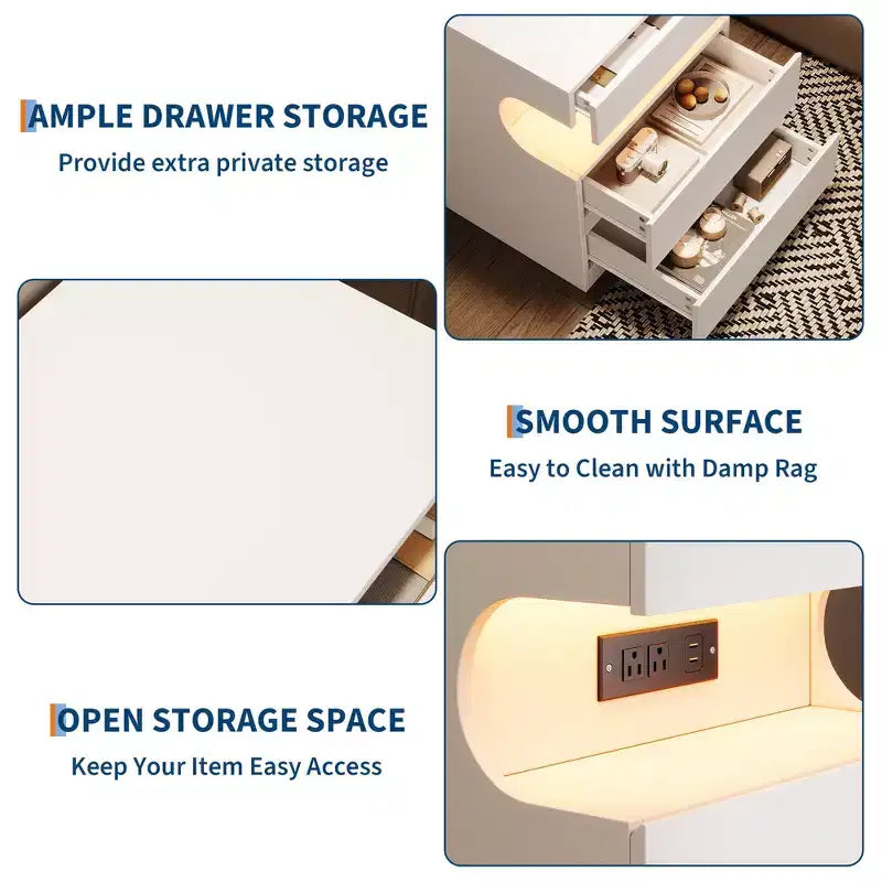 White Smart Nightstand C App-Controlled LED Lights & Charging Station with 3 Drawers for Bedroom