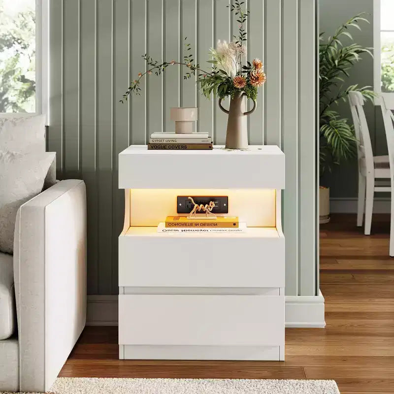White Smart Nightstand C App-Controlled LED Lights & Charging Station with 3 Drawers for Bedroom