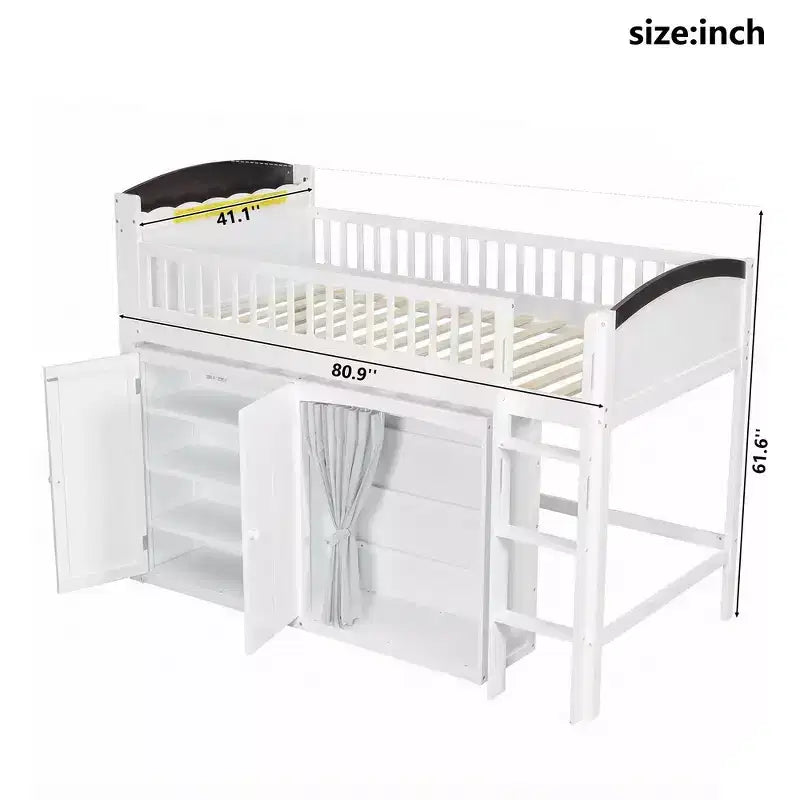 Lit mezzanine double avec armoire de rangement, penderie, construction robuste