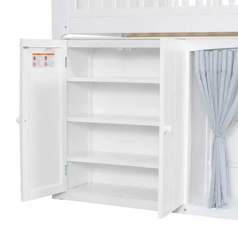 Lit mezzanine double avec armoire de rangement, penderie, construction robuste