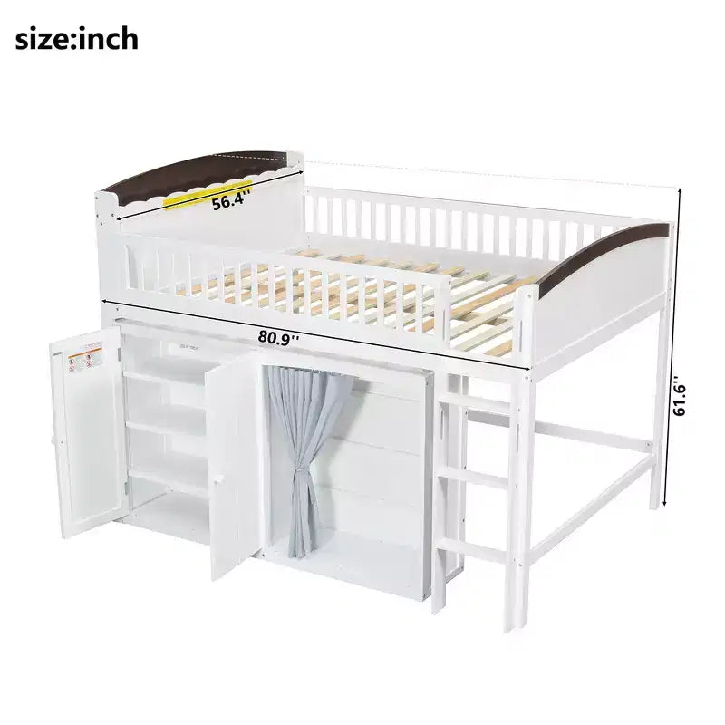 Lit mezzanine double avec armoire de rangement, penderie, construction robuste