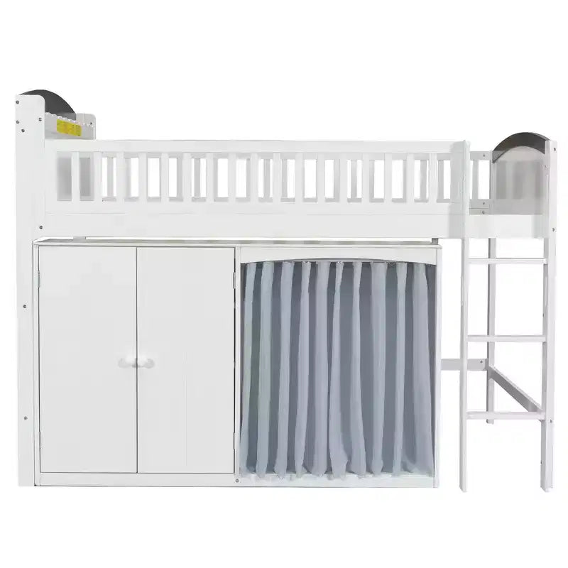 Lit mezzanine double avec armoire de rangement, penderie, construction robuste