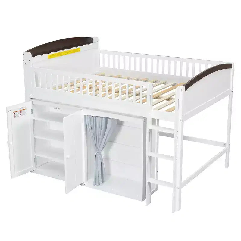 Lit mezzanine double avec armoire de rangement, penderie, construction robuste