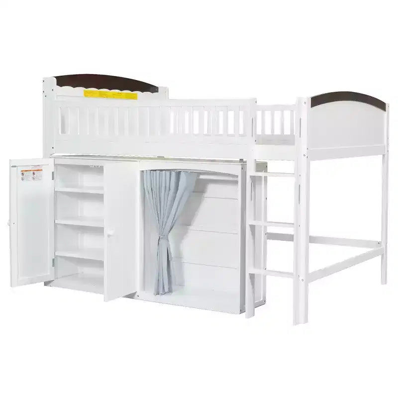 Lit mezzanine double avec armoire de rangement, penderie, construction robuste