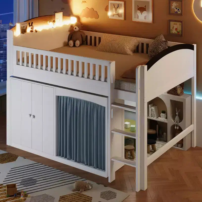 Lit mezzanine double avec armoire de rangement, penderie, construction robuste