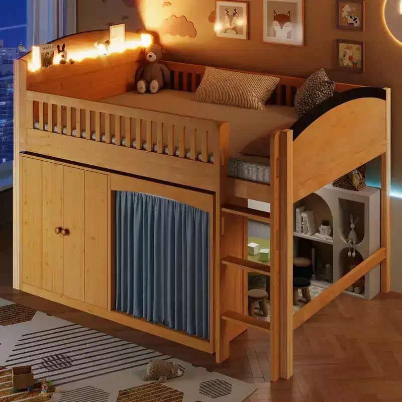 Lit mezzanine double avec armoire de rangement, penderie, construction robuste