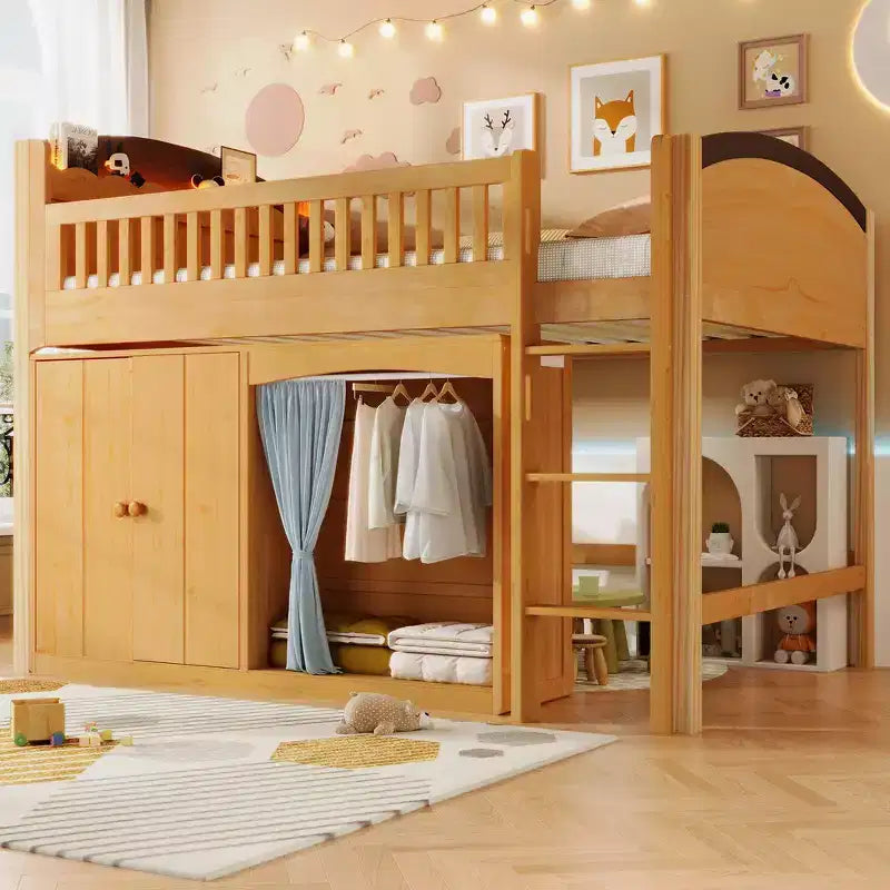 Lit mezzanine double avec armoire de rangement, penderie, construction robuste