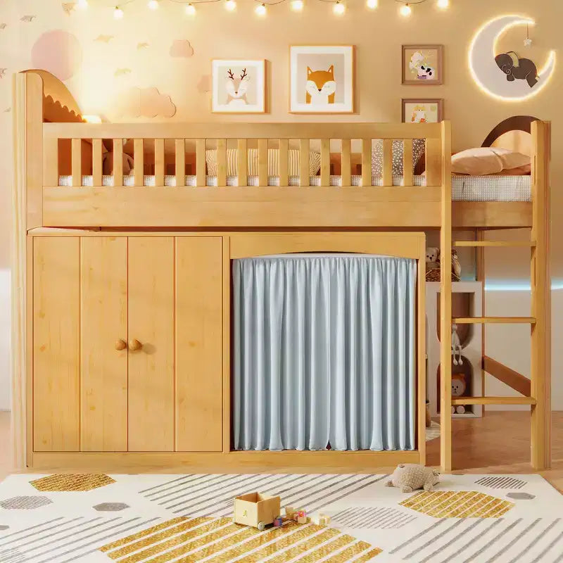 Lit mezzanine double avec armoire de rangement, penderie, construction robuste