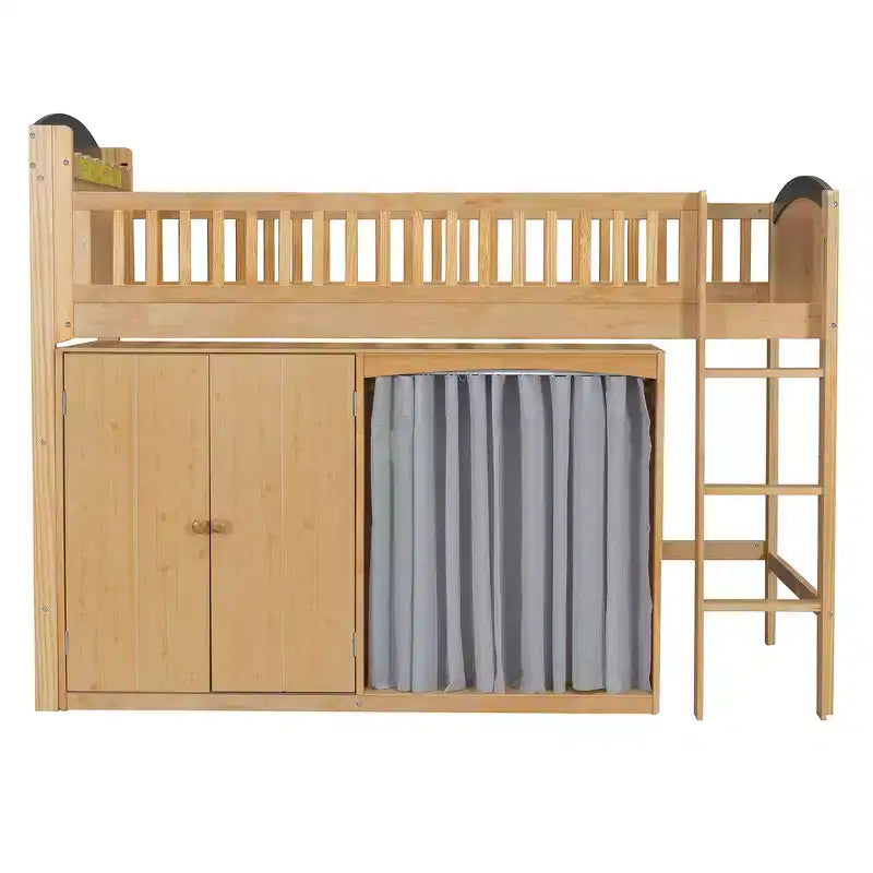 Lit mezzanine double avec armoire de rangement, penderie, construction robuste