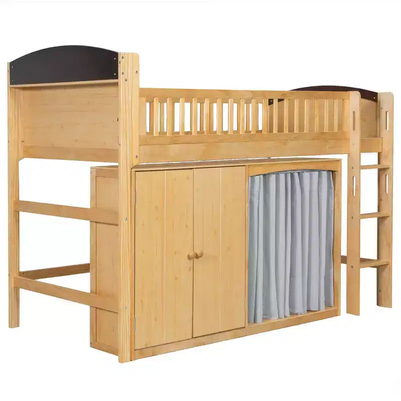 Lit mezzanine double avec armoire de rangement, penderie, construction robuste