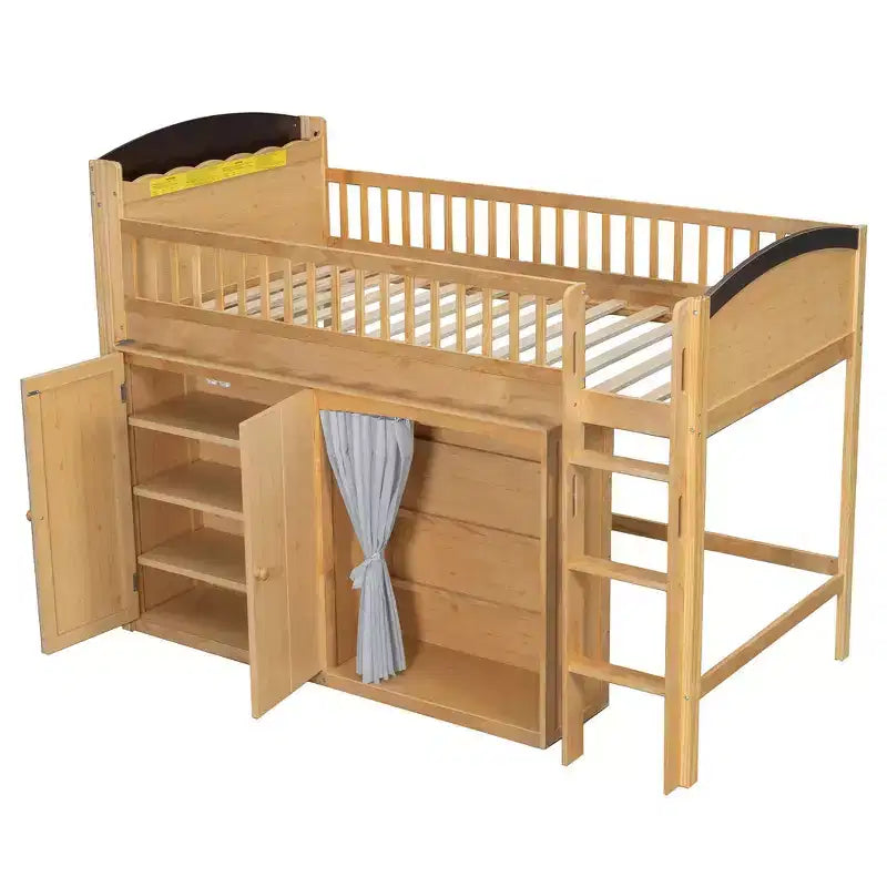 Lit mezzanine double avec armoire de rangement, penderie, construction robuste