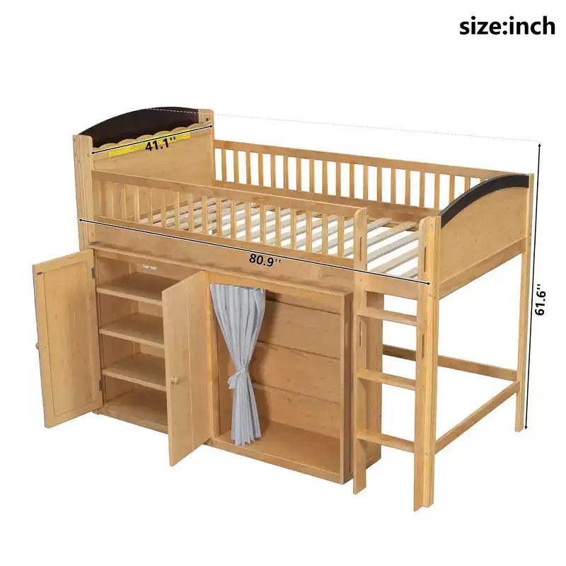 Lit mezzanine double avec armoire de rangement, penderie, construction robuste
