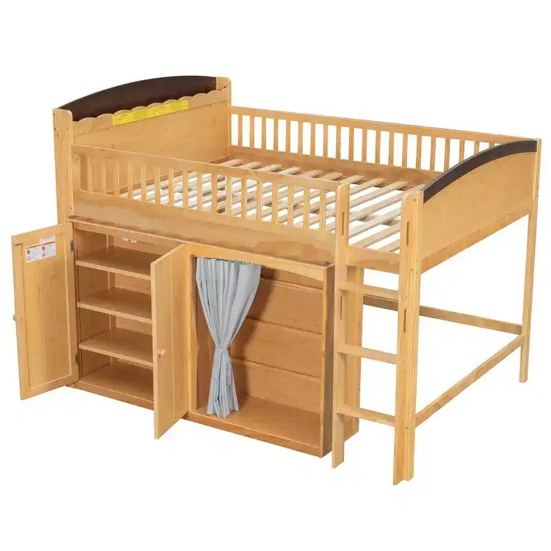 Lit mezzanine double avec armoire de rangement, penderie, construction robuste