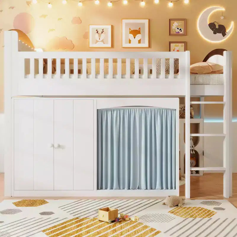 Lit mezzanine double avec armoire de rangement, penderie, construction robuste