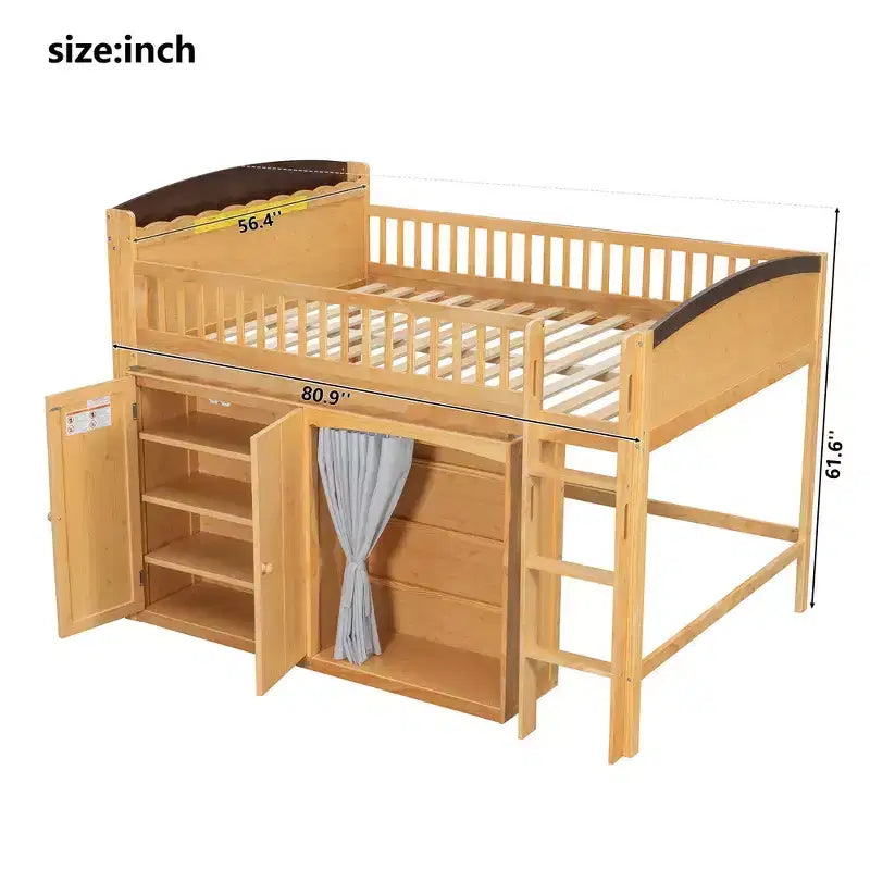 Lit mezzanine double avec armoire de rangement, penderie, construction robuste