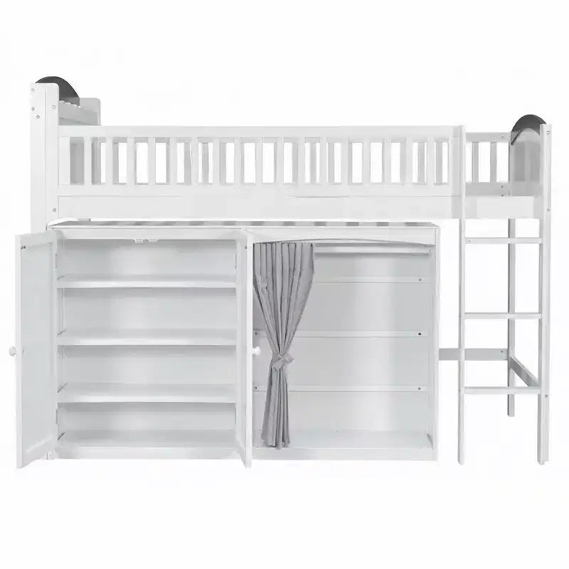Twin Size Loft Bed Frame with Storage Cabinet, Wardrobe, Sturdy Construction