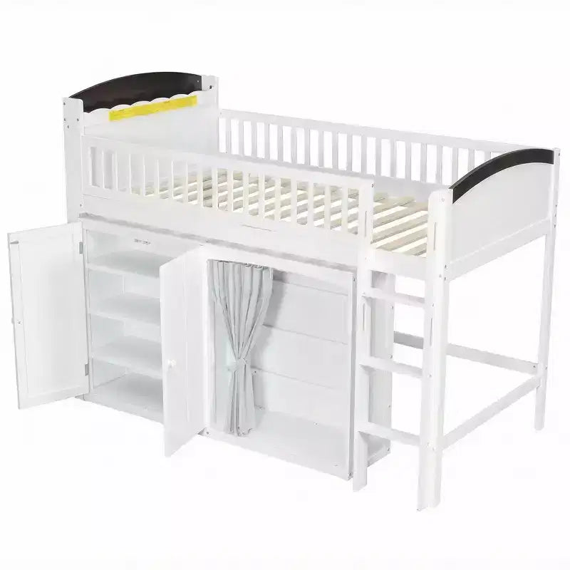 Lit mezzanine double avec armoire de rangement, penderie, construction robuste