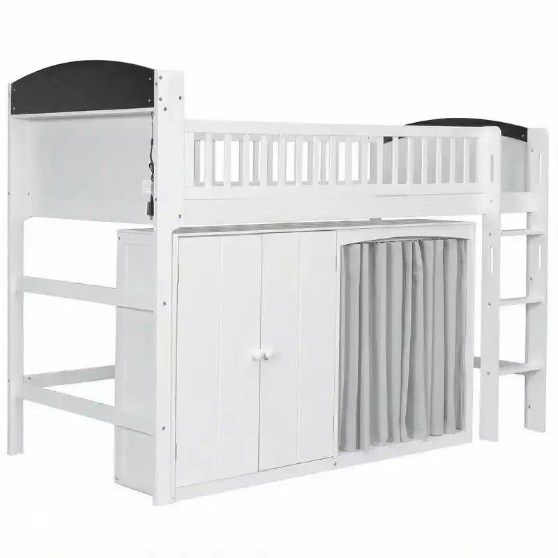 Lit mezzanine double avec armoire de rangement, penderie, construction robuste