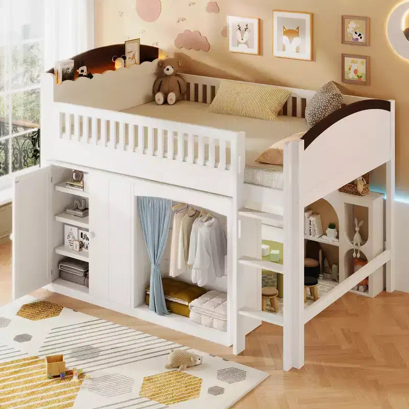 Twin Size Loft Bed Frame with Storage Cabinet, Wardrobe, Sturdy Construction