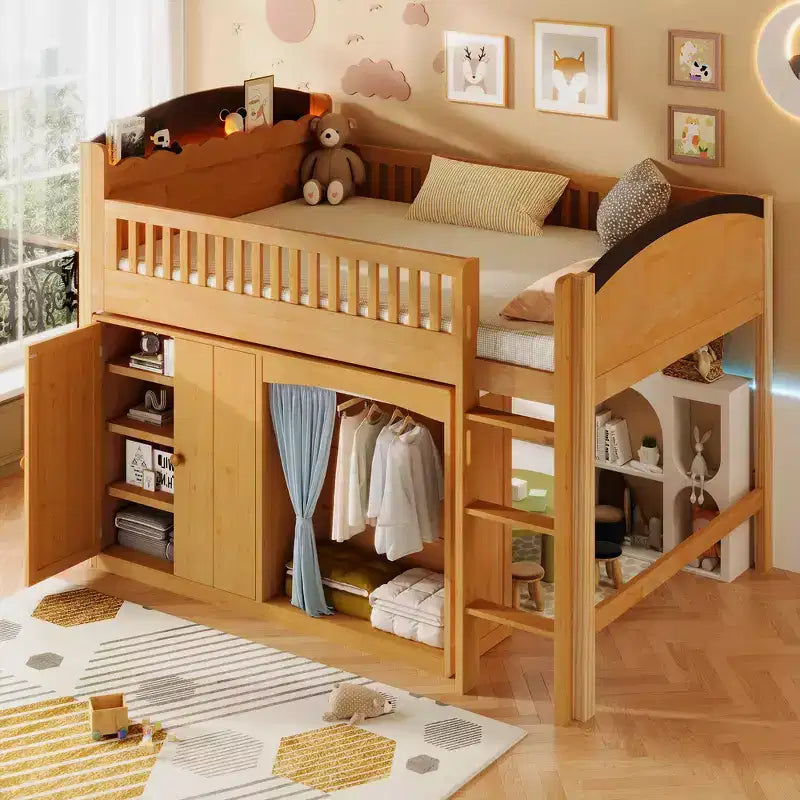 Twin Size Loft Bed Frame with Storage Cabinet, Wardrobe, Sturdy Construction