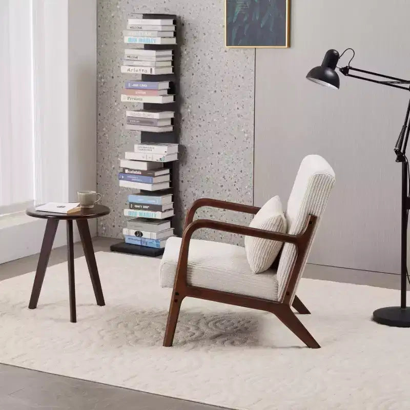 Fauteuil d'appoint Mid-Century Modern - Beige, cadre en bois d'hévéa