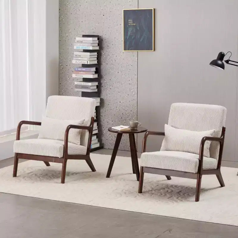 Fauteuil d'appoint Mid-Century Modern - Beige, cadre en bois d'hévéa