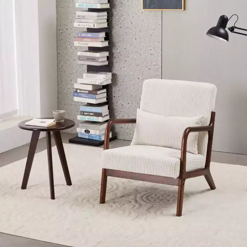 Fauteuil d'appoint Mid-Century Modern - Beige, cadre en bois d'hévéa