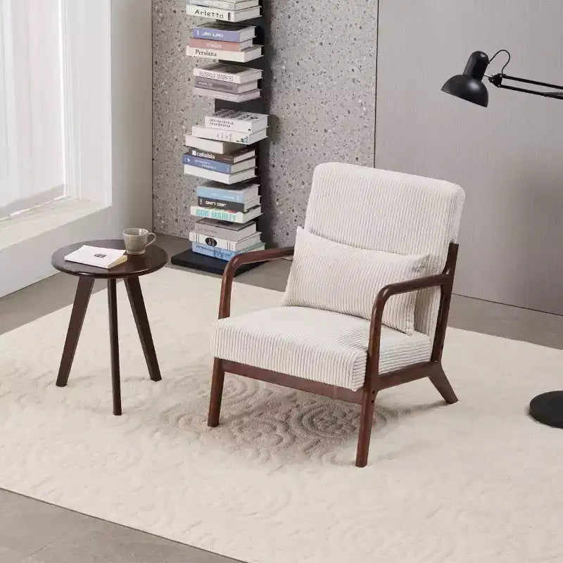 Fauteuil d'appoint Mid-Century Modern - Beige, cadre en bois d'hévéa