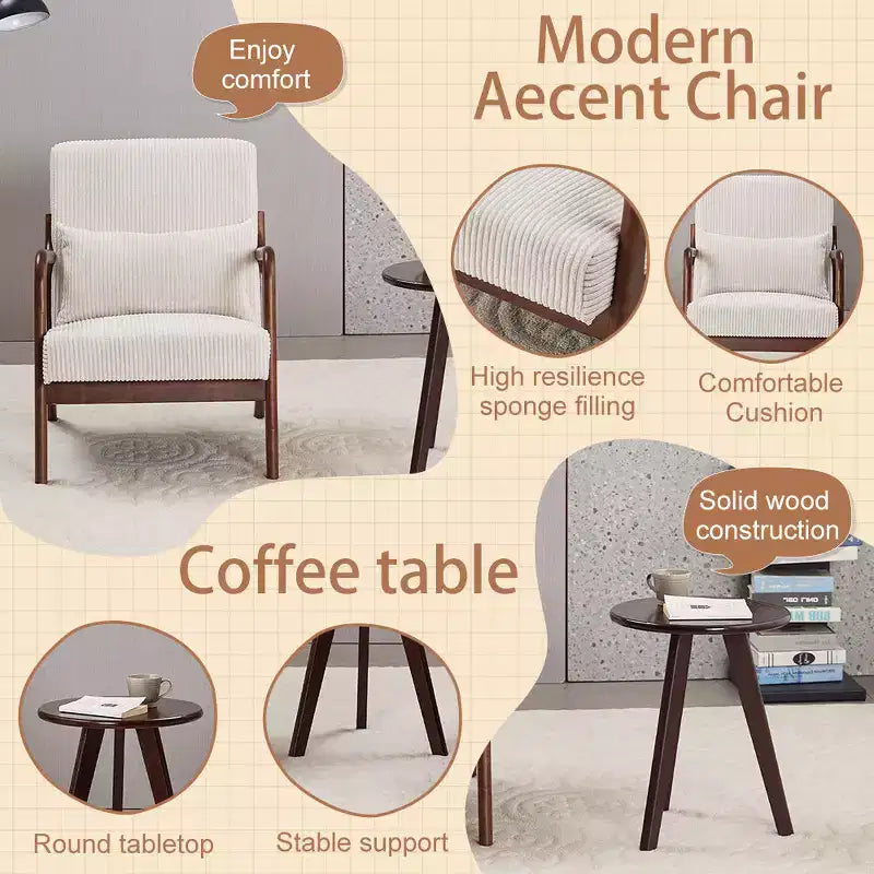 Fauteuil d'appoint Mid-Century Modern - Beige, cadre en bois d'hévéa