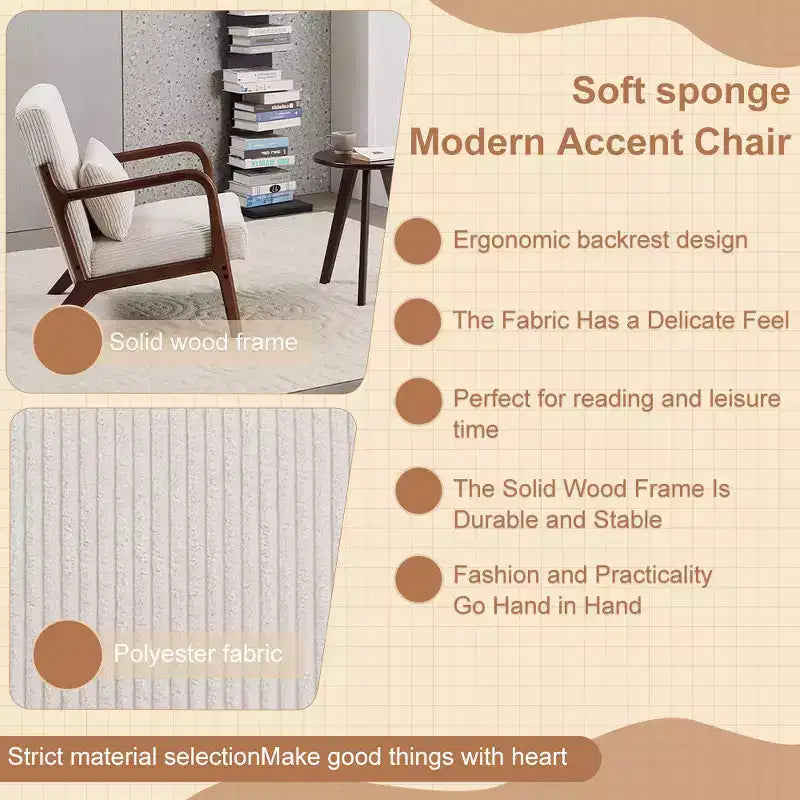 Fauteuil d'appoint Mid-Century Modern - Beige, cadre en bois d'hévéa