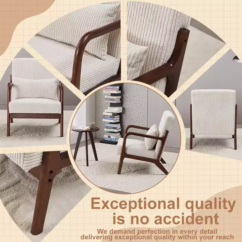 Mid Century Modern Accent Chair - Beige, Rubberwood Frame