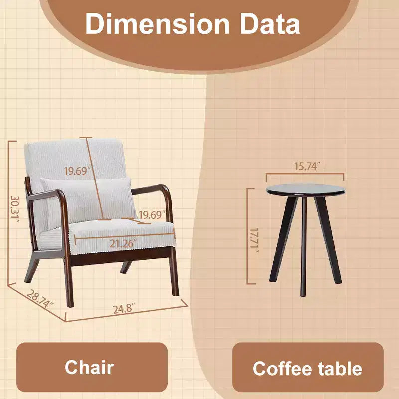 Fauteuil d'appoint Mid-Century Modern - Beige, cadre en bois d'hévéa